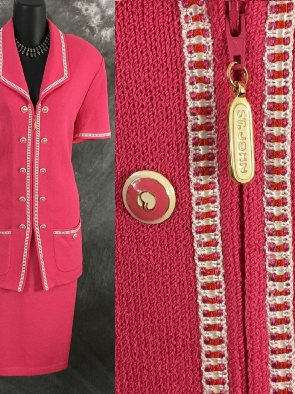 BEAUTIFUL St John collection knit pink multi jacket skirt suit size 12 14